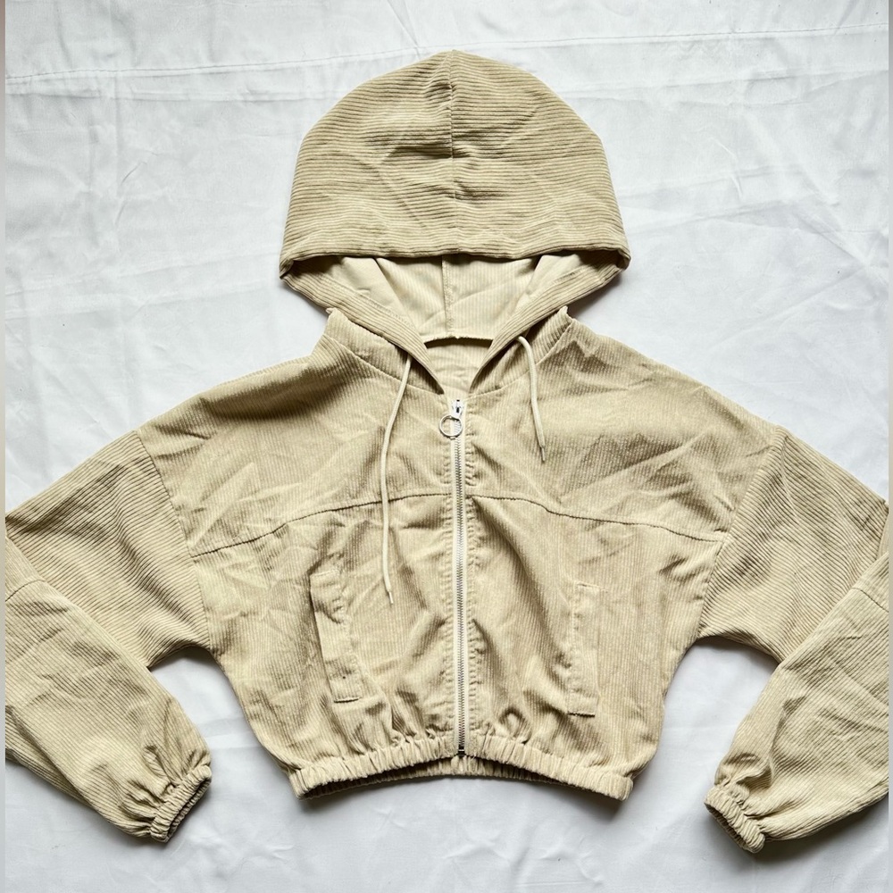 Cropped Corduroy Cream Coloured Zip Up Hoodie